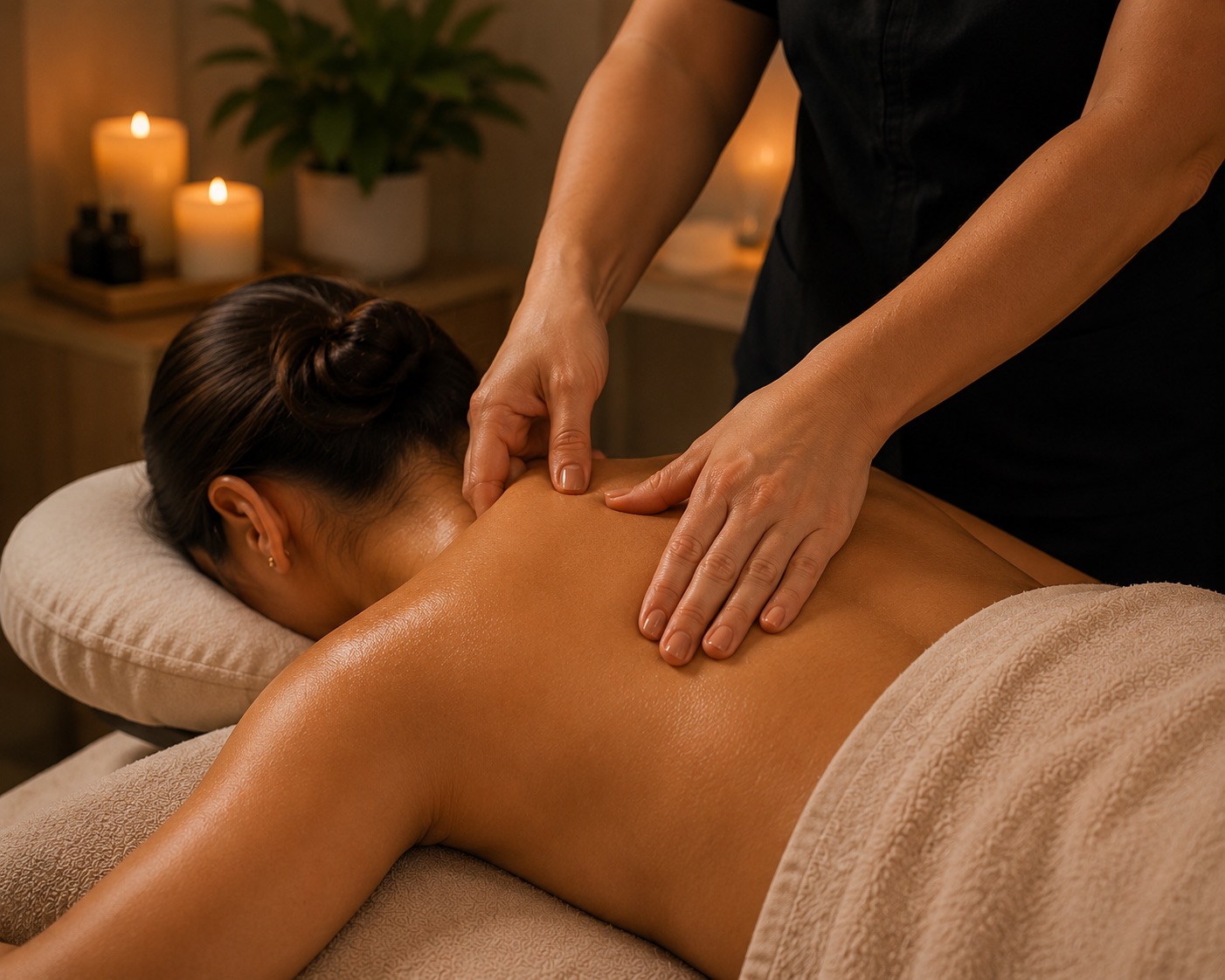 Massagem relaxante nas costas em ambiente de spa com luz de velas