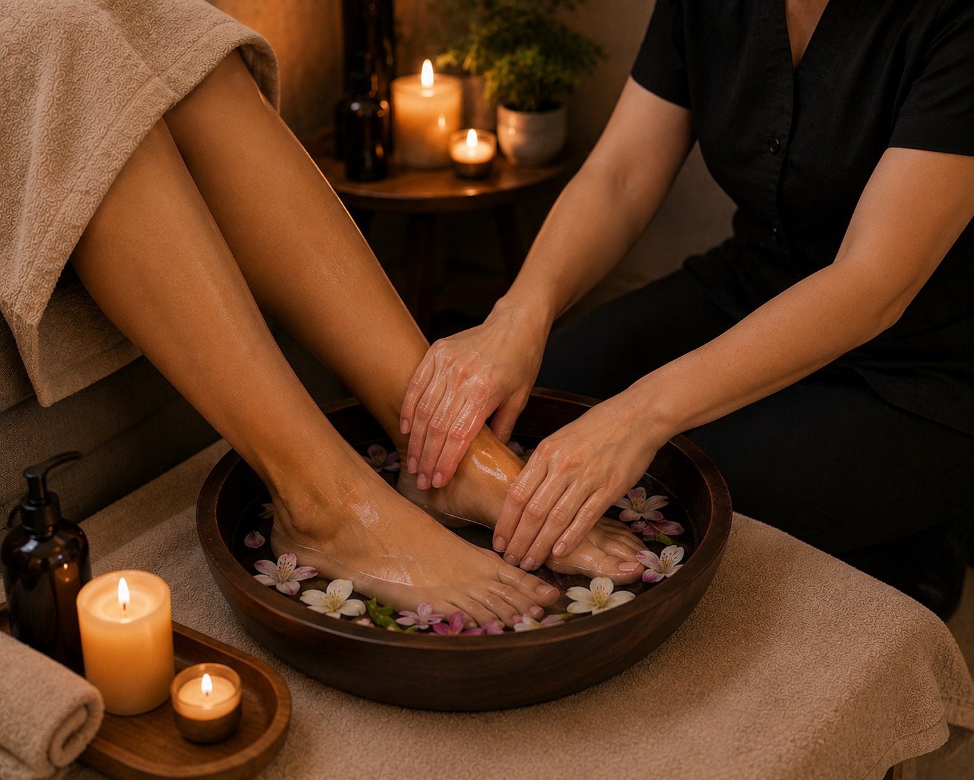 Spa dos pés com bacia de água morna e flores