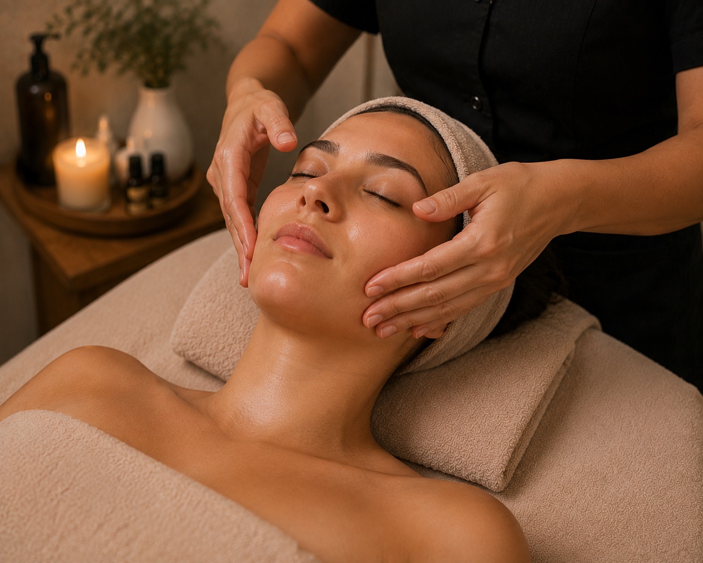 Massagem facial relaxante sendo realizada em ambiente acolhedor