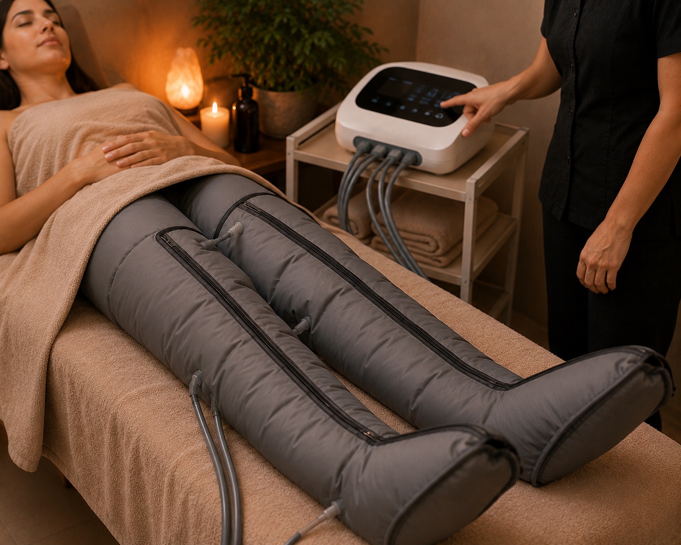 Sessão de pressoterapia nas pernas em ambiente acolhedor da Quiro For Life